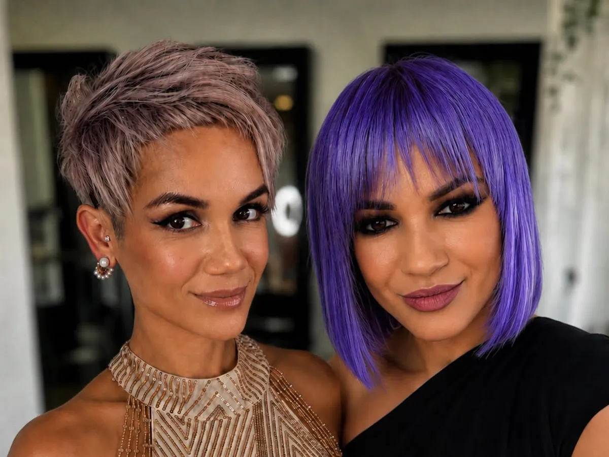 Due ragazze del salone in posa, una con pixie rosa cipria e una con caschetto viola